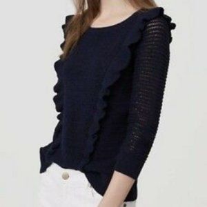 Loft Navy Blue Ruffle Sweater 3/4 Sleeves Medium
